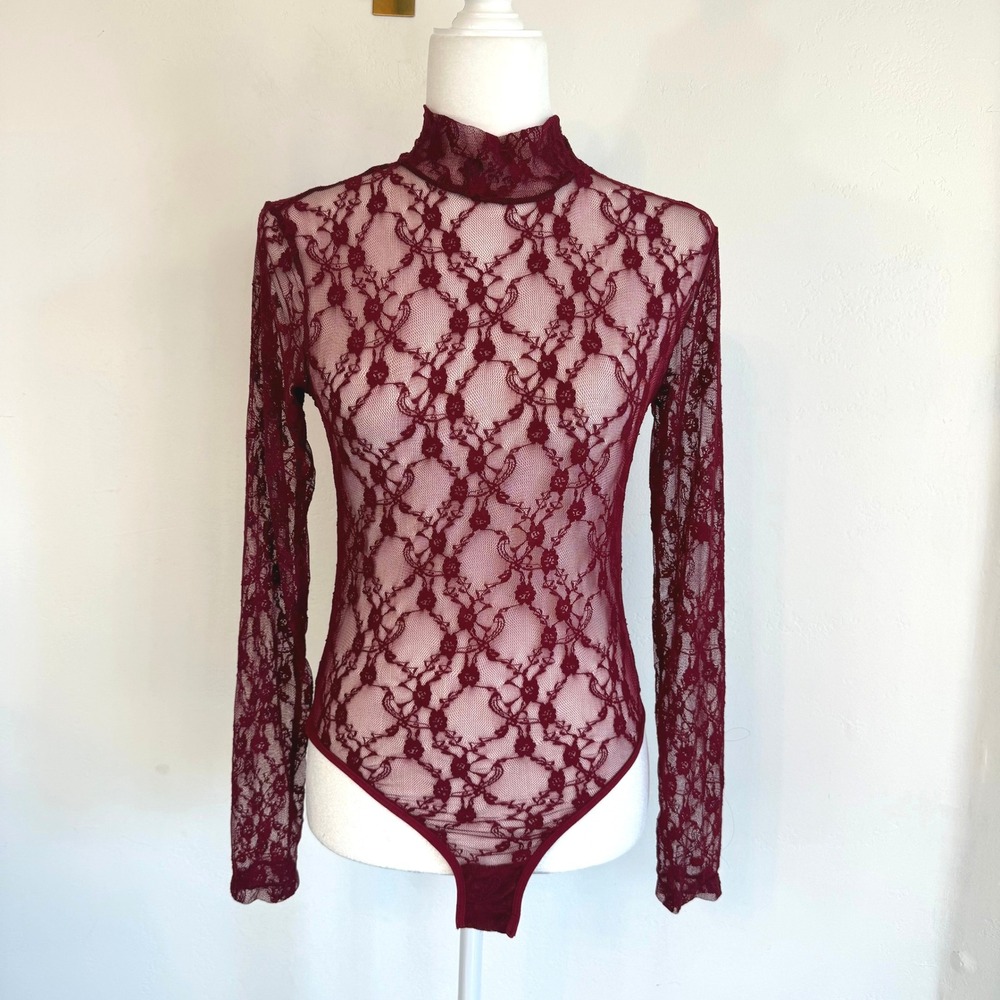NWT Avidlove Lace Bodysuit Burgundy Sheer Mock Neck Long Sleeve Dark Feminine